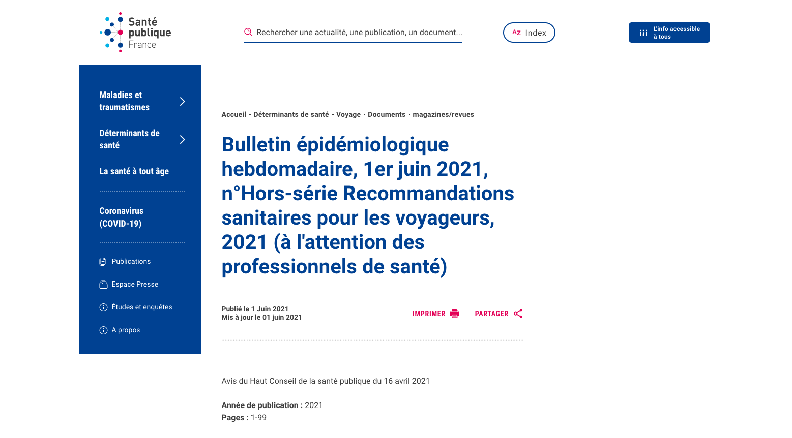 Recommandations sanitaires pour les voyageurs - 2021